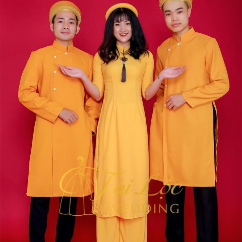 Áo Dài Bưng Quả Cách Tân Nam Màu Vàng Đồng