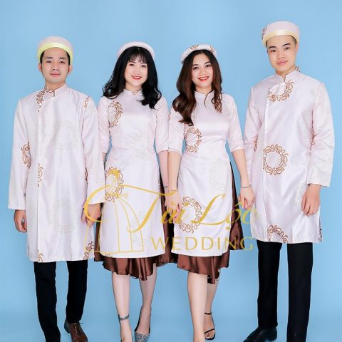 Áo Dài Cách Tân Bưng Quả Nam Nữ Màu Kem Nâu