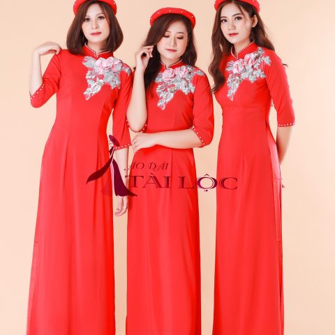 Áo Dài Bưng Quả Màu Đỏ Tà Dài