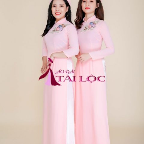 Áo Dài Bưng Quả Hoa Xanh Hồng Tím BQ-HHXHT