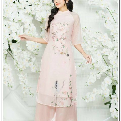 Áo Dài Bưng Quả Màu Hồng Cây Đào