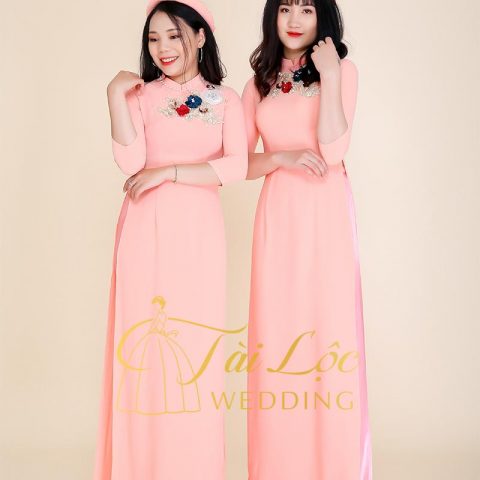 Áo Dài Bưng Quả màu Cam Hoa Trắng