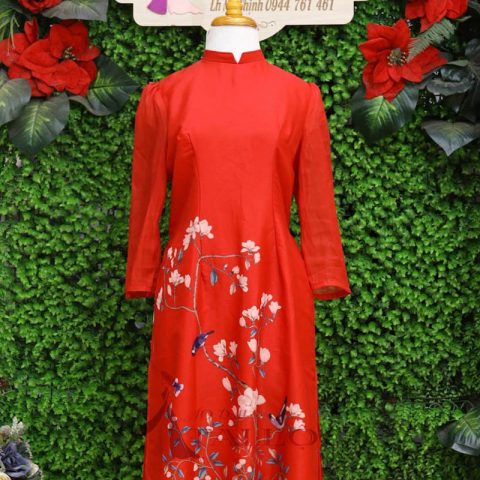 Áo Dài Bưng Quả Màu Đỏ Tay Phồng Tà Ngắn
