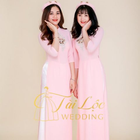 Áo Dài Bưng Quả Màu Hồng Cam Ren