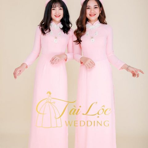 Áo Dài Bưng Quả màu Hồng Hoa Trắng