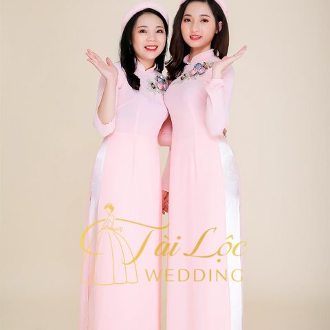 Áo Dài Bưng Quả Màu Hồng Hoa Xanh Hồng Tím