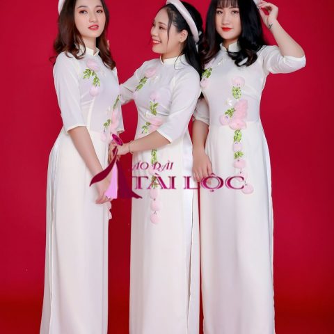 Áo Dài Bưng Quả Màu Kem Hoa Hồng BQ-KHH