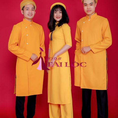 Áo Dài Bưng Quả Màu Vàng Đồng Dây Đeo BQCT-VD