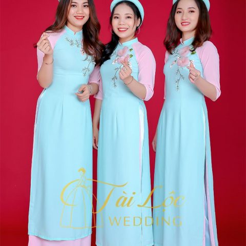 Áo Dài Bưng Quả Màu Xanh Ngọc 4 Tà