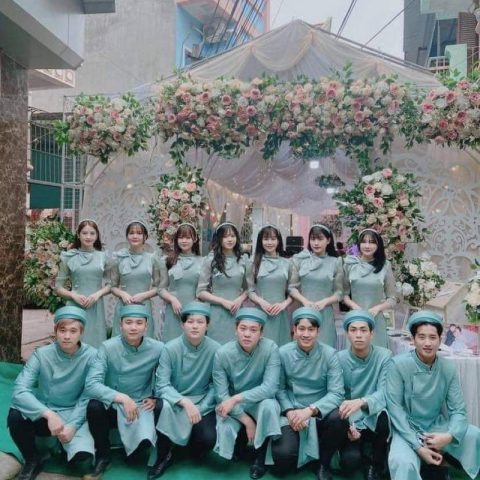 Áo dài bưng quả nam xanh ms2