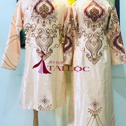 Áo Dài Cặp Nam Nữ Cô Dâu Chú Rể Vàng Vải Gấm (KH G4)