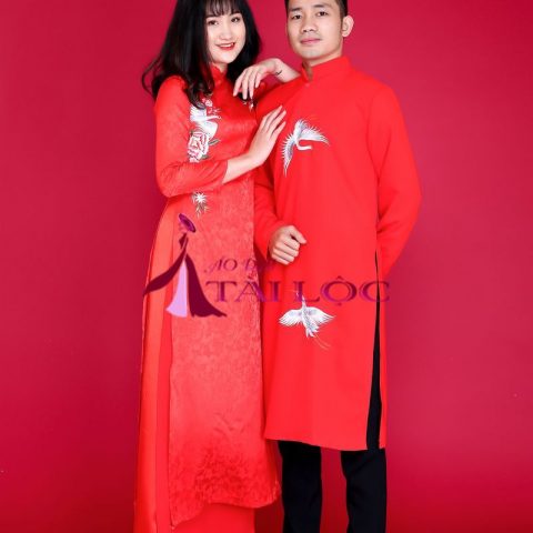 Áo Dài Cặp Đỏ Gấm Thêu Chim Hạc CD-G8