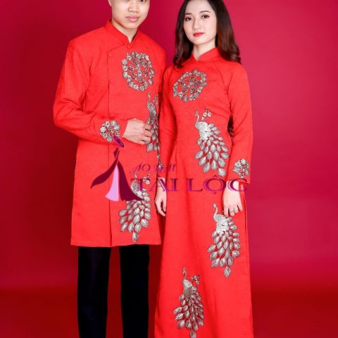 Áo Dài Cặp Gấm Màu Đỏ Chim Công CD-G6