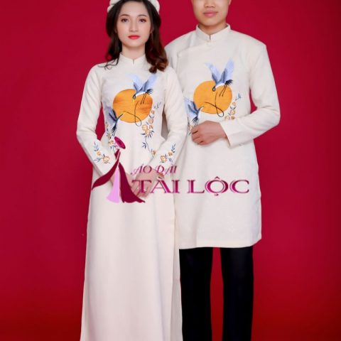 Áo Dài Cặp Gấm Vàng Kem Thêu Ánh Trăng CK-T11