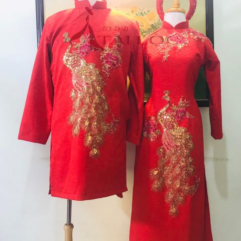 Áo Dài Cặp Cô Dâu Chú Rể Màu Đỏ Gấm Đỏ ( KH DG23)