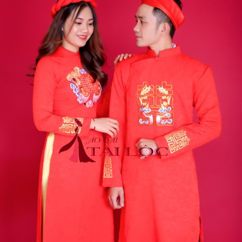 Áo Dài Cưới Nam Nữ Đỏ Vải Gấm (KH G21)