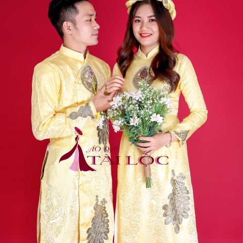 Áo Dài Cặp Nam Nữ Cô Dâu Chú Rể Vàng Chim Hạc (KH G3 )