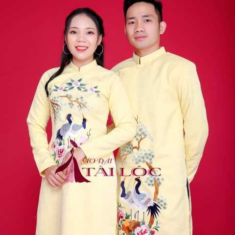 Áo Dài Cưới Nam Nữ Màu Vàng Vải Gấm (KH G9)