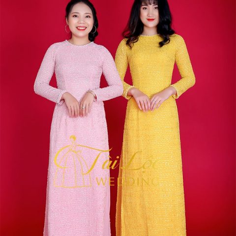 Áo dài Cô Dâu Màu Vàng 4 Tà Thun Xốp