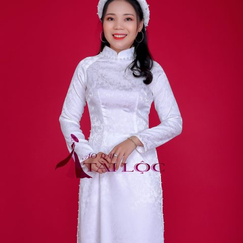 Áo Dài Cô Dâu Trắng Trơn Gấm Hoa (MSP- GẤM HOA TRẮNG)