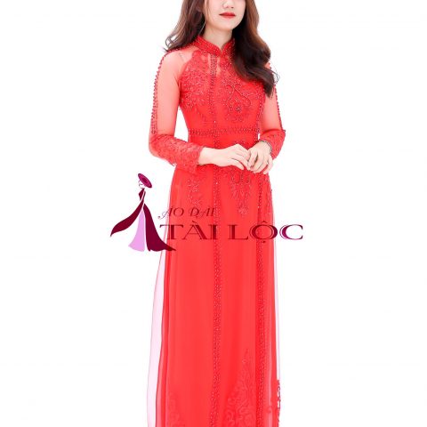 Áo Dài Cưới Màu Đỏ Vải Lưới Kế Cườm ( KH DR1)