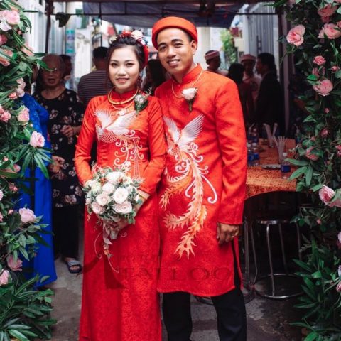 Mẩu Áo Dài Cưới Màu Đỏ Gấm 4 Tà Phụng ( ADCNN-DG7)