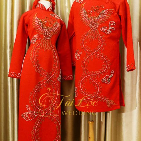 Áo Dài Cưới Cặp Cô Dâu Chú Rể Màu Đỏ Vải Gấm Phượng