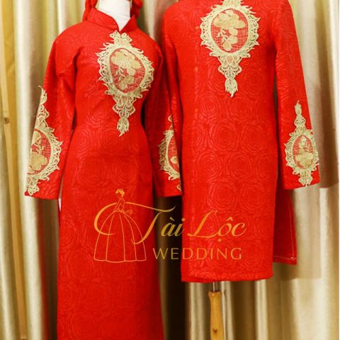 Áo Dài Cưới Cặp Cô Dâu Chú Rể Màu Đỏ Hoa Vàng