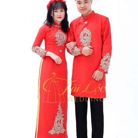 Áo Dài Cưới Cặp Màu Đỏ Gấm Hoa Văn Vàng Đồng