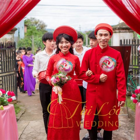 Áo Dài Cưới Cặp Màu Đỏ Gấm Thêu