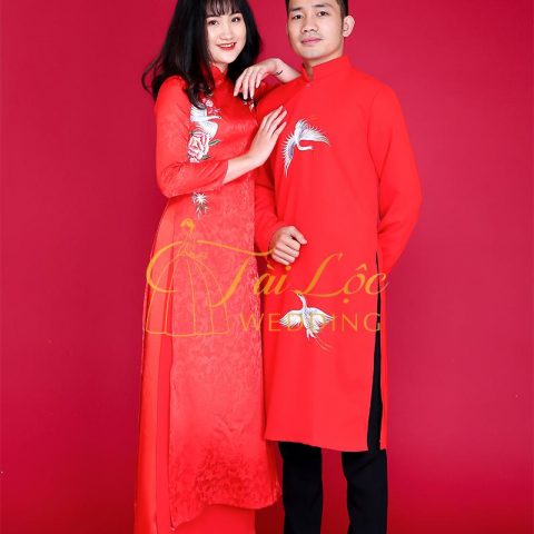 Áo Dài Cưới Cặp Màu Đỏ Gấm Thêu Chim Hạc