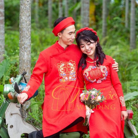 Áo Dài Cưới Cặp Màu Đỏ Gấm Thêu Chữ Hỷ