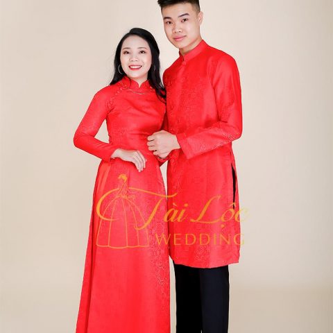 Áo Dài Cưới Cặp Màu Đỏ Gấm Trơn