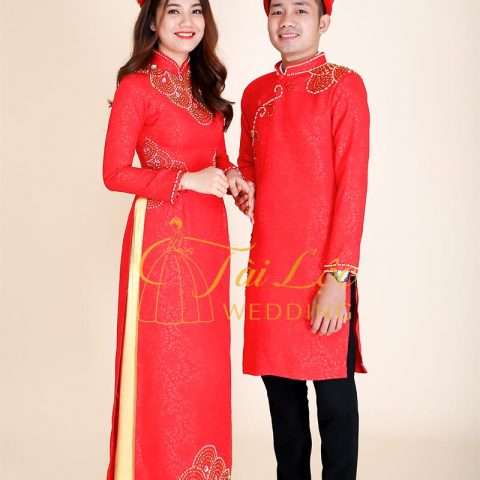 Áo Dài Cưới Căp Màu Đỏ Kết Cườm Cao Cấp