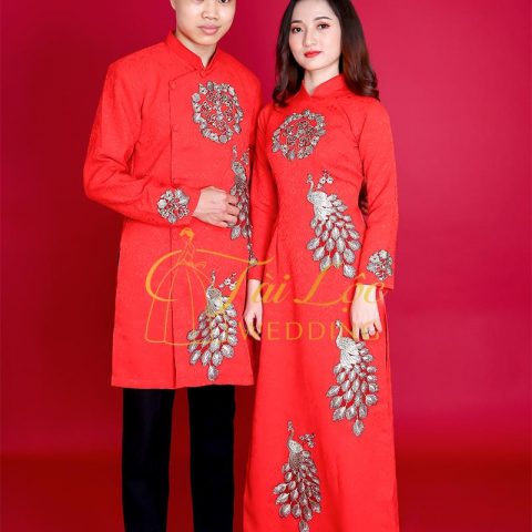 Áo Dài Cưới Cặp Màu Đỏ Vải Gấm Chim Công