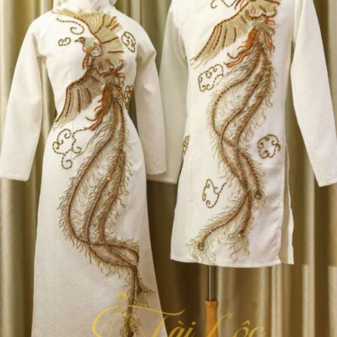 Áo Dài Cưới Cặp Màu Trắng Cô Dâu Chú Rể Chim Phượng