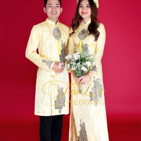Áo Dài Cưới Cặp Màu Vàng Vải Gấm Chim Công