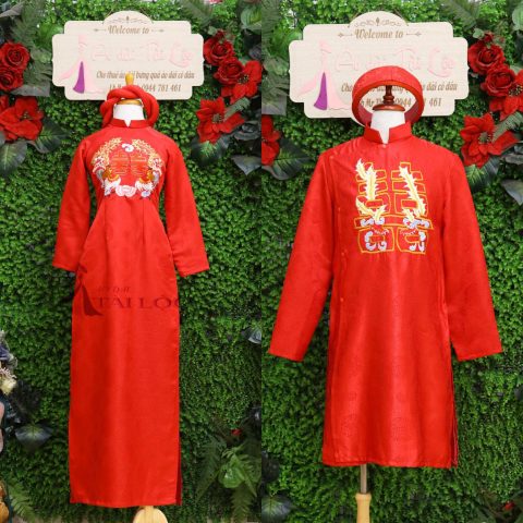 Mẩu Áo Dài Cưới Vải Gấm Đồng Tiền Thêu Chữ Hỷ (MSP- G24)