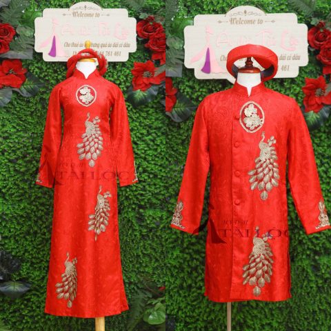 Áo Dài Bưng Quả Cặp Nam Nữ Đỏ Chim Hạc (KH G3)