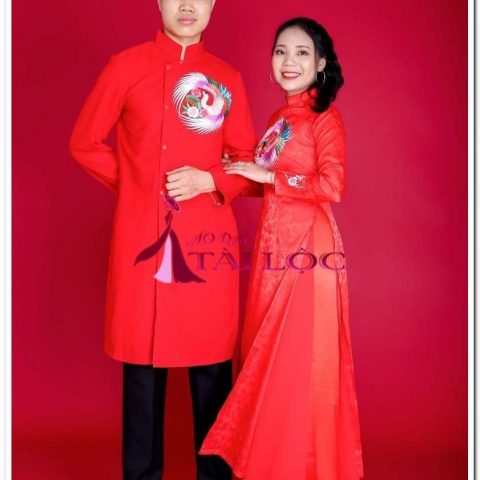 Áo Dài Cưới Chú Rể Đỏ Thêu Thiên Nga GT5