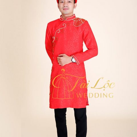 Áo Dài Cưới Chú Rể Màu Đỏ Kết Cườm Vàng