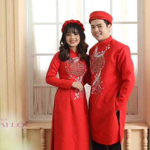 Áo dài cưới đôi dâu rể màu đỏ ( KH)