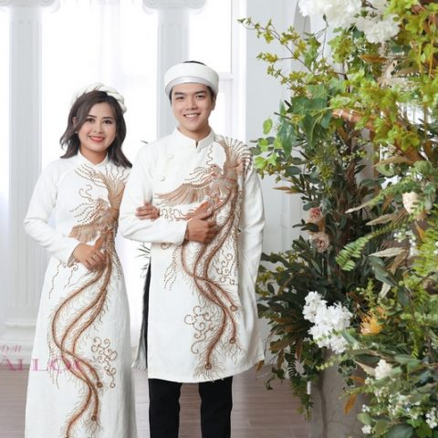 Áo Dài Cặp Nam Nữ Trắng Phượng (KH G5)
