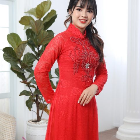 Áo dài cưới màu đỏ vải ren ( KH )