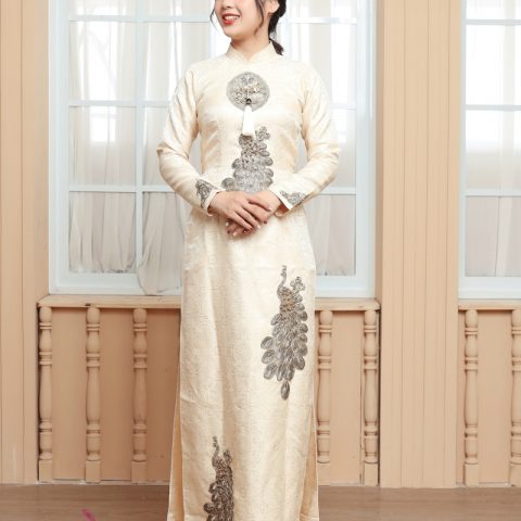 Áo dài cưới màu kem vải gấm (KH )