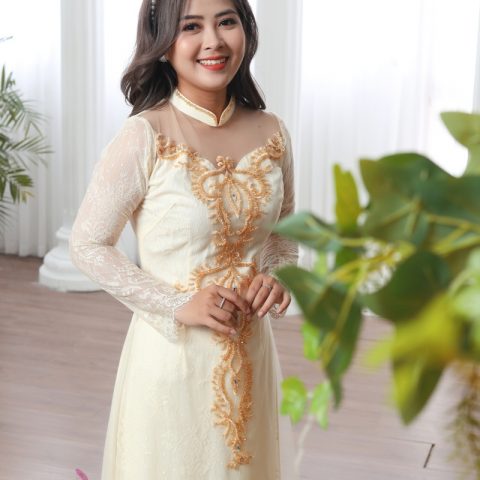 Áo dài cưới màu vàng vải ren( KH RV8 )