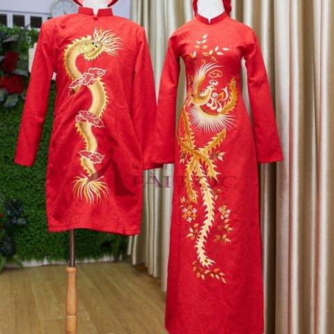 Áo Dài Cưới Cô Dâu Chú Rể Màu Đỏ Thêu Rồng Phượng( MSP- G15)