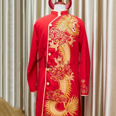 Áo Dài Cưới Nam Đỏ Họa Tiết Rồng( CR- DRONGMS1)