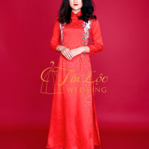 Áo Dài Cưới Cô Dâu Màu Đỏ Gấm Thêu Hạc