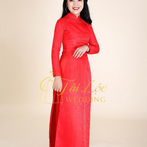 Áo Dài Cưới Cô Dâu Màu Đỏ Gấm Trơn